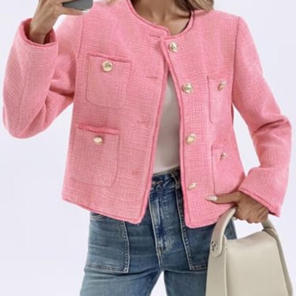 Tweed Cropped Blazer Collarless Button Down Vintage Chic Work Office - Picture 3 of 8